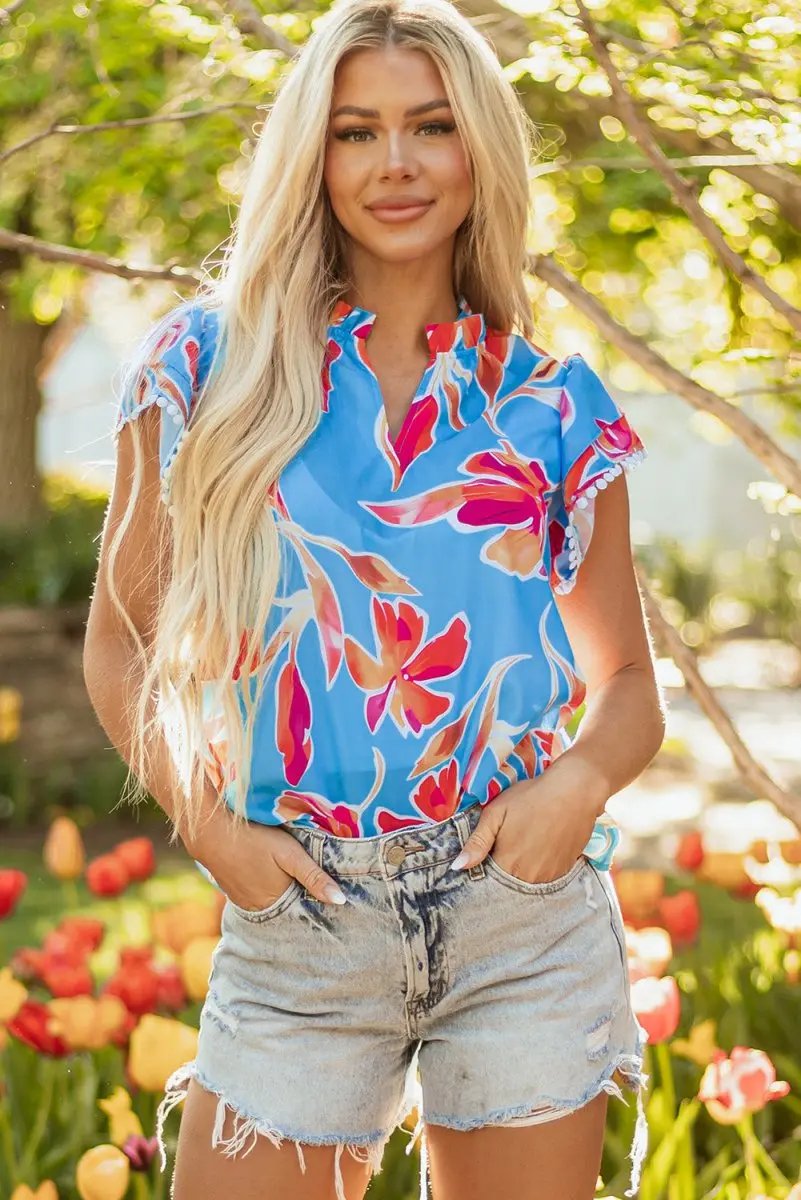 Sky Blue Floral Print V Neck Pompom Trim Flutter Sleeve Blouse - Love Salve